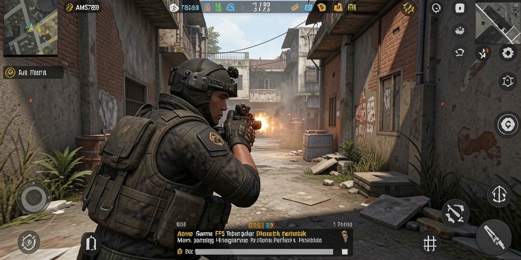 Screenshot menunjukkan aksi mendebarkan dalam game FPS AMS789.
