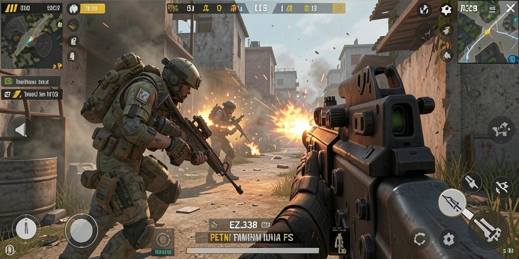 Screenshot gameplay EZ338 yang menampilkan aksi pertempuran FPS.