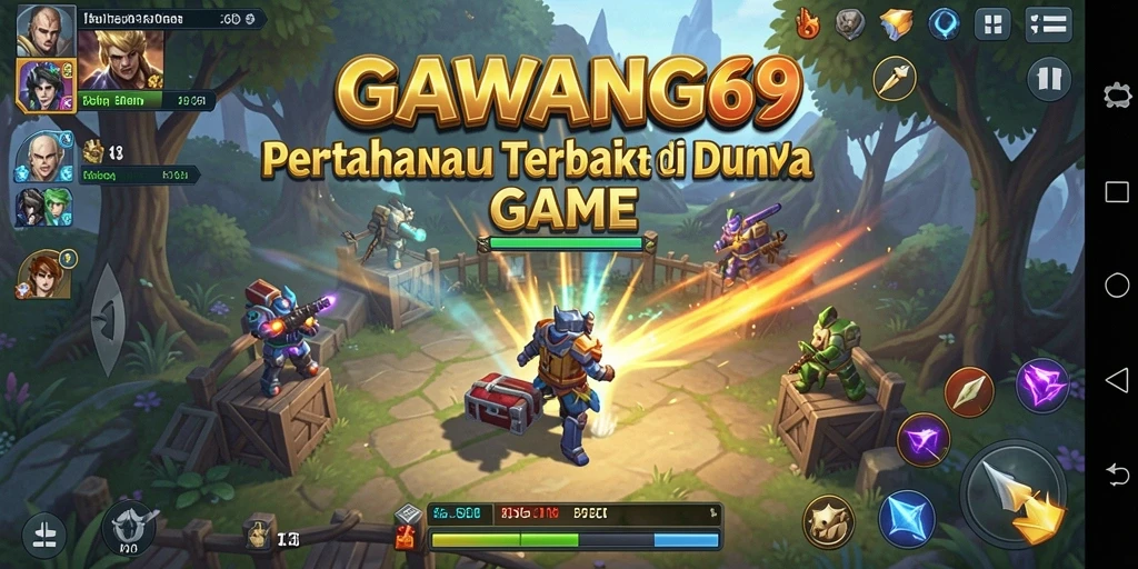 Tampilan gameplay GAWANG69 dengan menara yang siap bertahan melawan serangan musuh.