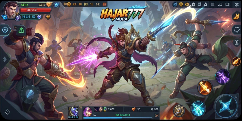 Screenshot HAJAR777 menampilkan aksi intens dalam pertempuran MOBA.