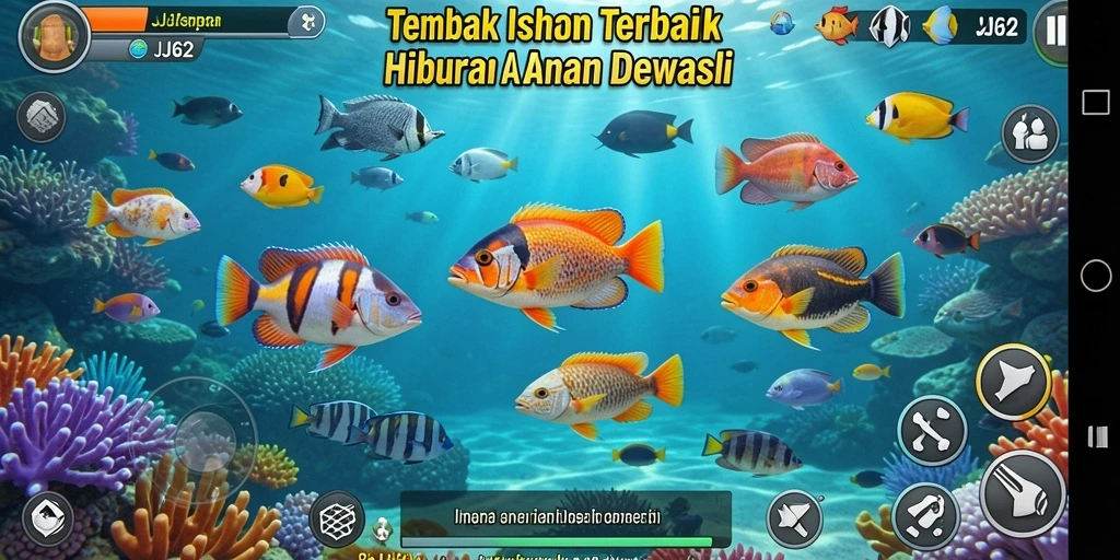 Tangkapan layar gameplay JJ62 menampilkan aksi menembak ikan yang seru.