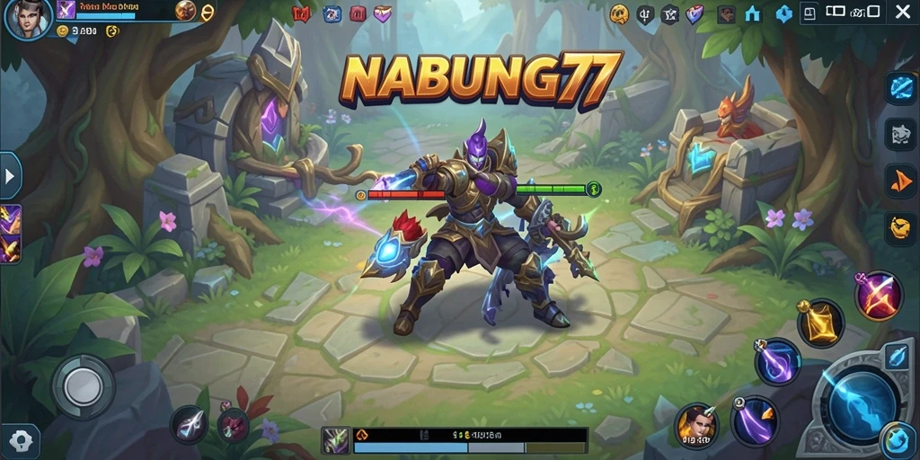 Screenshot utama NABUNG77 menampilkan aksi pertempuran MOBA yang mendebarkan.