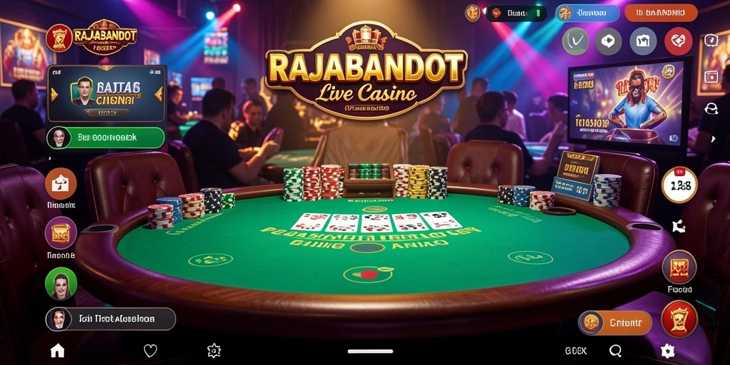 Screenshot gameplay RAJABANDOT menampilkan dealer ramah di meja permainan.